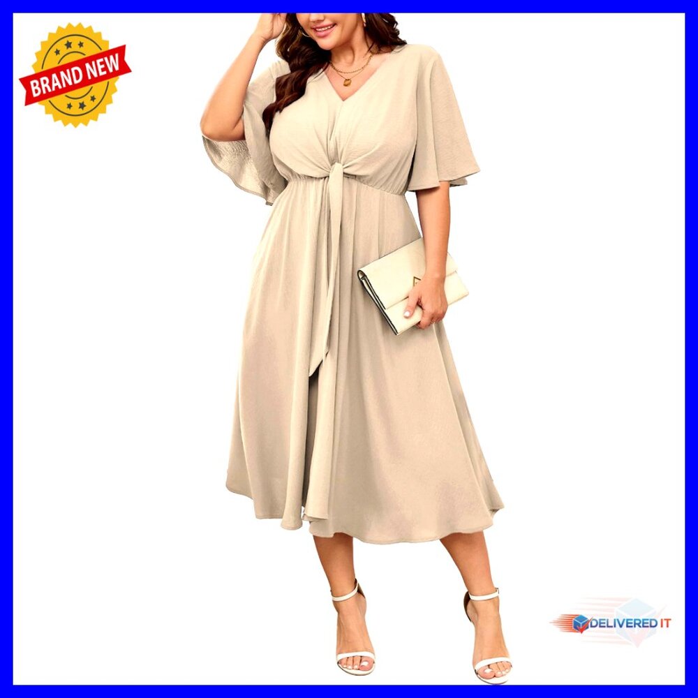 Plus Size Midi Dress V Neck Tie Waist Short Sleeve Summer Flowy Formal